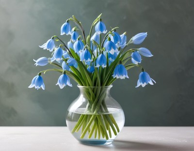 Beautiful blue flowers in a clear vase on a table