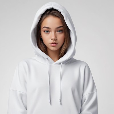Young person in white hoodie with serious expression