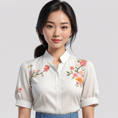 Elegant woman in embroidered shirt poses for a portrait