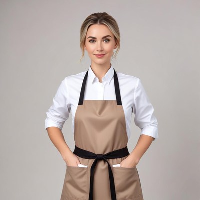 Young woman in an apron posing confidently indoors