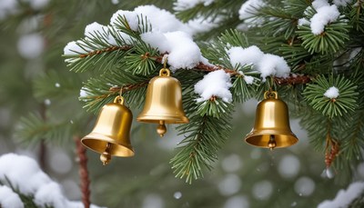 Golden bells hanging on snowy pine branches