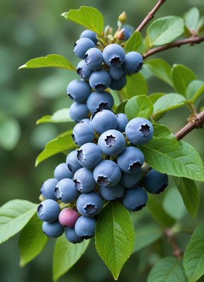Fresh blueberries growing on a green bush