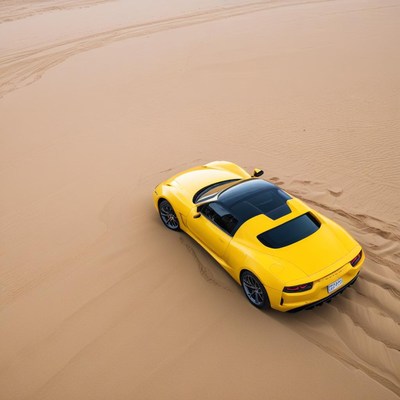 Yellow sports car driving through sandy desert terrain