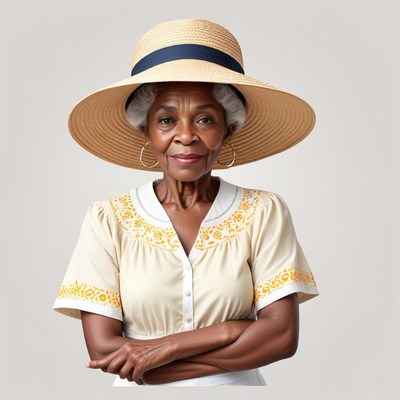 Elderly woman in a sun hat poses confidently indoors