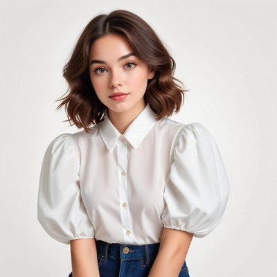 Young woman models stylish white blouse with puff sleeves