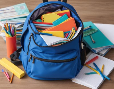 School backpack filled with colorful supplies on desk