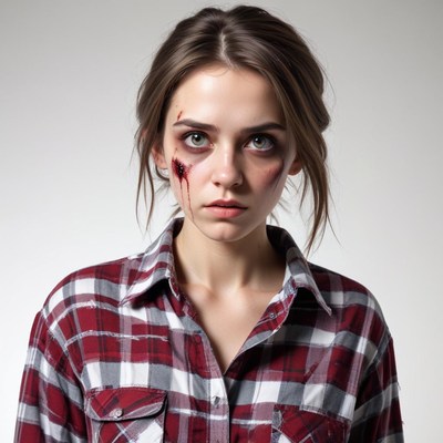 Young woman with injuries in plaid shirt stands still