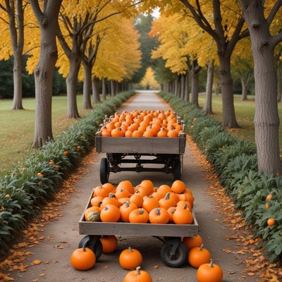 Pumpkins lined along a picturesque autumn pathway