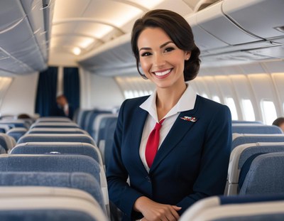 Flight attendant smiling warmly in a spacious cabin