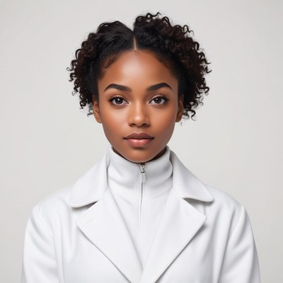 Portrait of a woman with curly hair in a white outfit