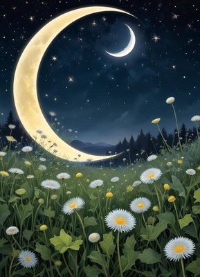 Moonlit garden with flowers under a starry sky
