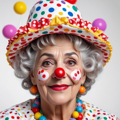 Senior clown with vibrant costume and cheerful expression