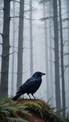 Dark raven perched in foggy forest landscape