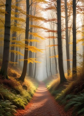 Golden autumn leaves line a foggy forest path