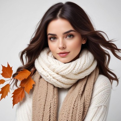 Young woman in cozy sweater with autumn leaves in hand