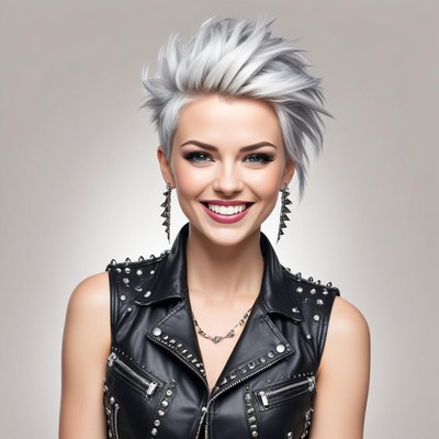 Female model with stylish short hair and leather vest