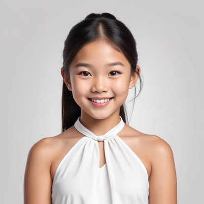 Smiling girl in a light dress with long black hair