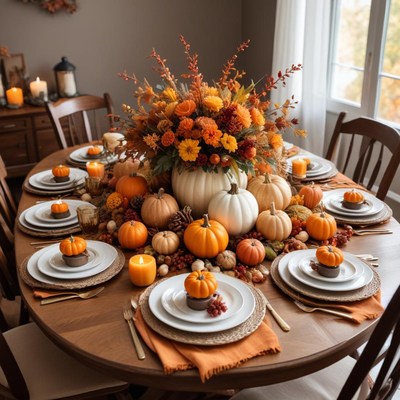 Fall table setting with pumpkins and elegant decor