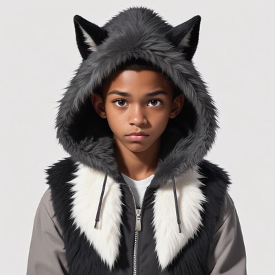 Young boy wearing a fluffy wolf hooded vest