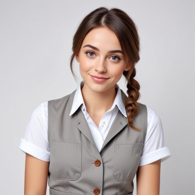 Young woman smiles in a stylish gray vest outfit