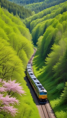 Train travels through vibrant green valley in spring