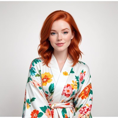 Beautiful woman in floral robe posing for a portrait
