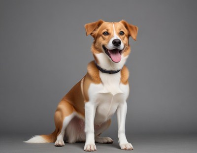 Happy dog poses on studio backdrop with joyful expression
