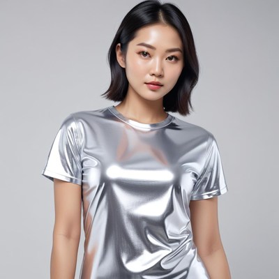Shiny silver fashion shirt worn by a model in studio