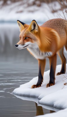 Fox standing on ice by a winter lake