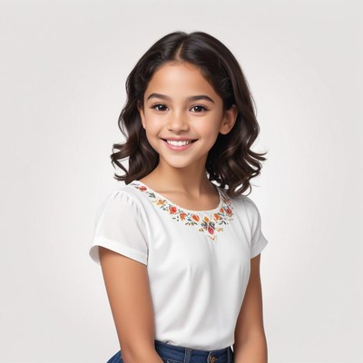 Smiling girl with curly hair in casual white shirt