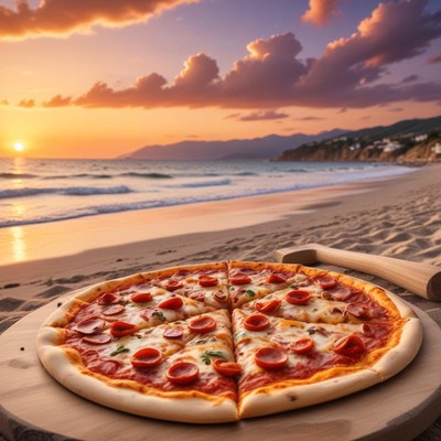Pizza by the beach at sunset with waves and mountains