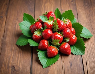 Fresh strawberries gathered on a wooden table
