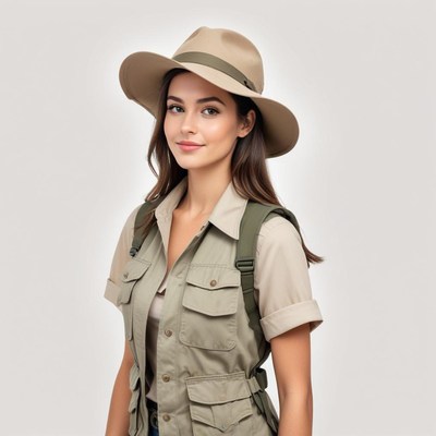 Woman in explorer outfit with hat and backpack smiling