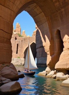 Sailing through stunning rock arches at a scenic location
