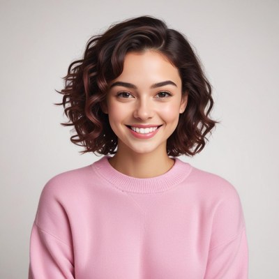 Smiling woman with curly hair wearing a pink sweater indoors