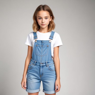 Young girl in denim overalls poses for a casual portrait
