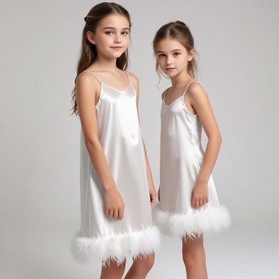 Two girls in elegant white dresses with feather trim