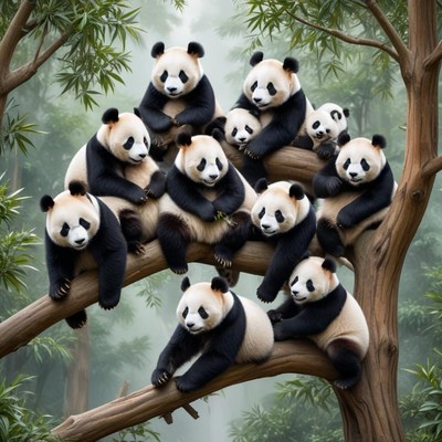 Group of pandas lounging together in a lush forest