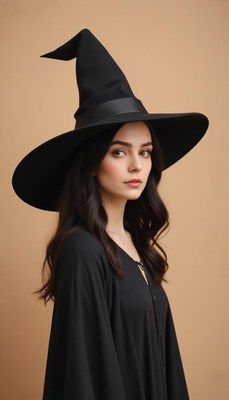 Woman wears a witch hat in stylish portrait setting