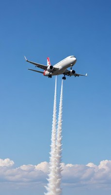 Airplane flying high with contrails against blue sky