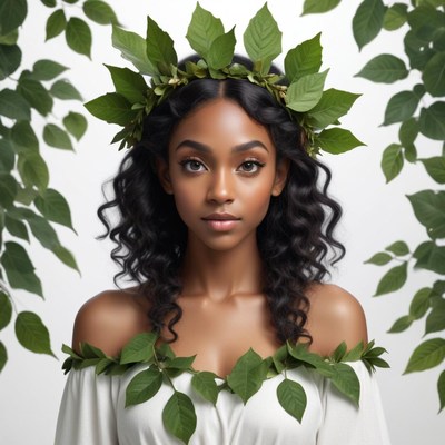 Lovely woman with green leaves in a tranquil scene