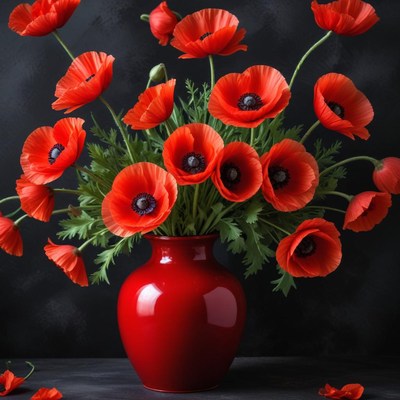 Vibrant red poppies in a bright red vase