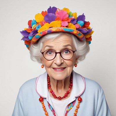 Joyful elderly woman wearing a vibrant floral hat indoors