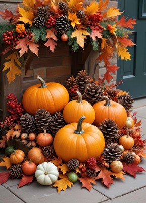 Autumn display with pumpkins and pinecones at a doorstep