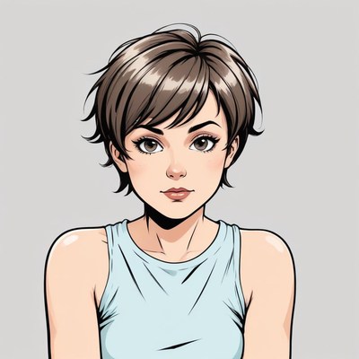 Young woman with short hair in a light blue tank top