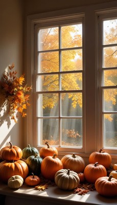 Fall pumpkins and autumn leaves by the window