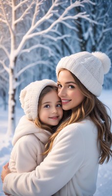 Smiling mother and daughter enjoying a snowy day together