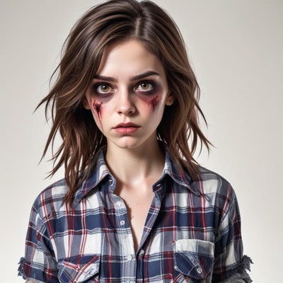 Confident young woman in plaid, dramatic makeup