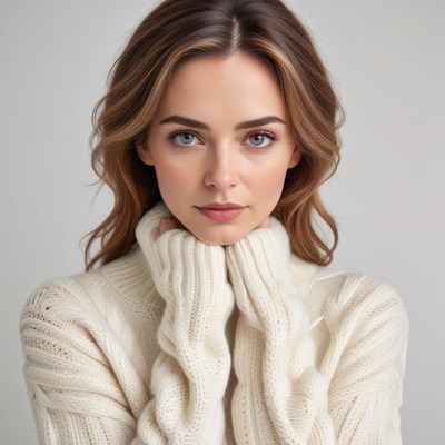 Model poses gracefully in cozy knit sweater