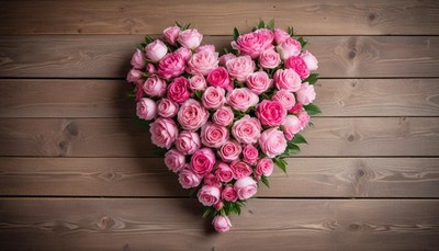 Heart-shaped arrangement of pink roses on wooden background